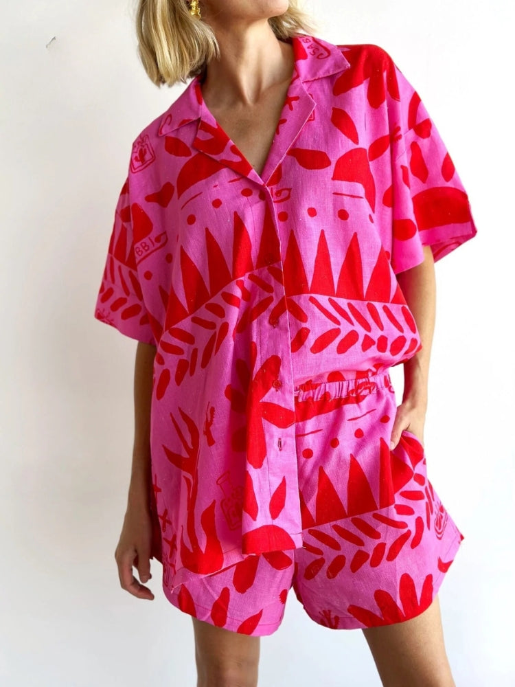 Trendy women's pink short sleeve matching set. Comfortable two-piece outfit for casual summer wear and effortless style.
