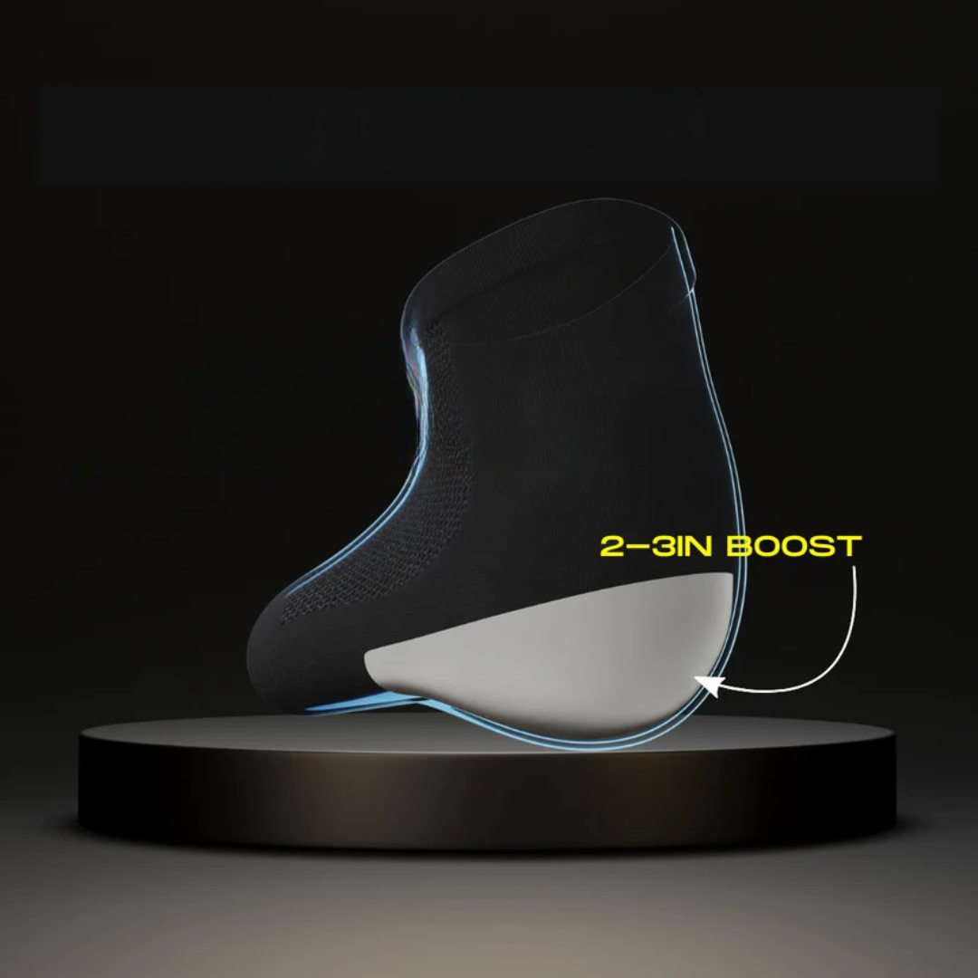 Men's height increase socks seamlessly fitting inside shoes for an invisible boost.