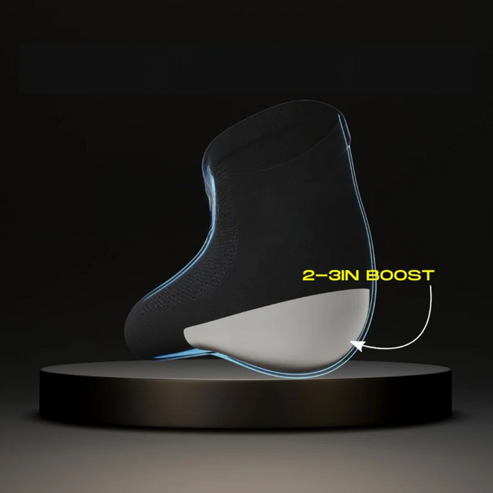 Men's height increase socks seamlessly fitting inside shoes for an invisible boost.