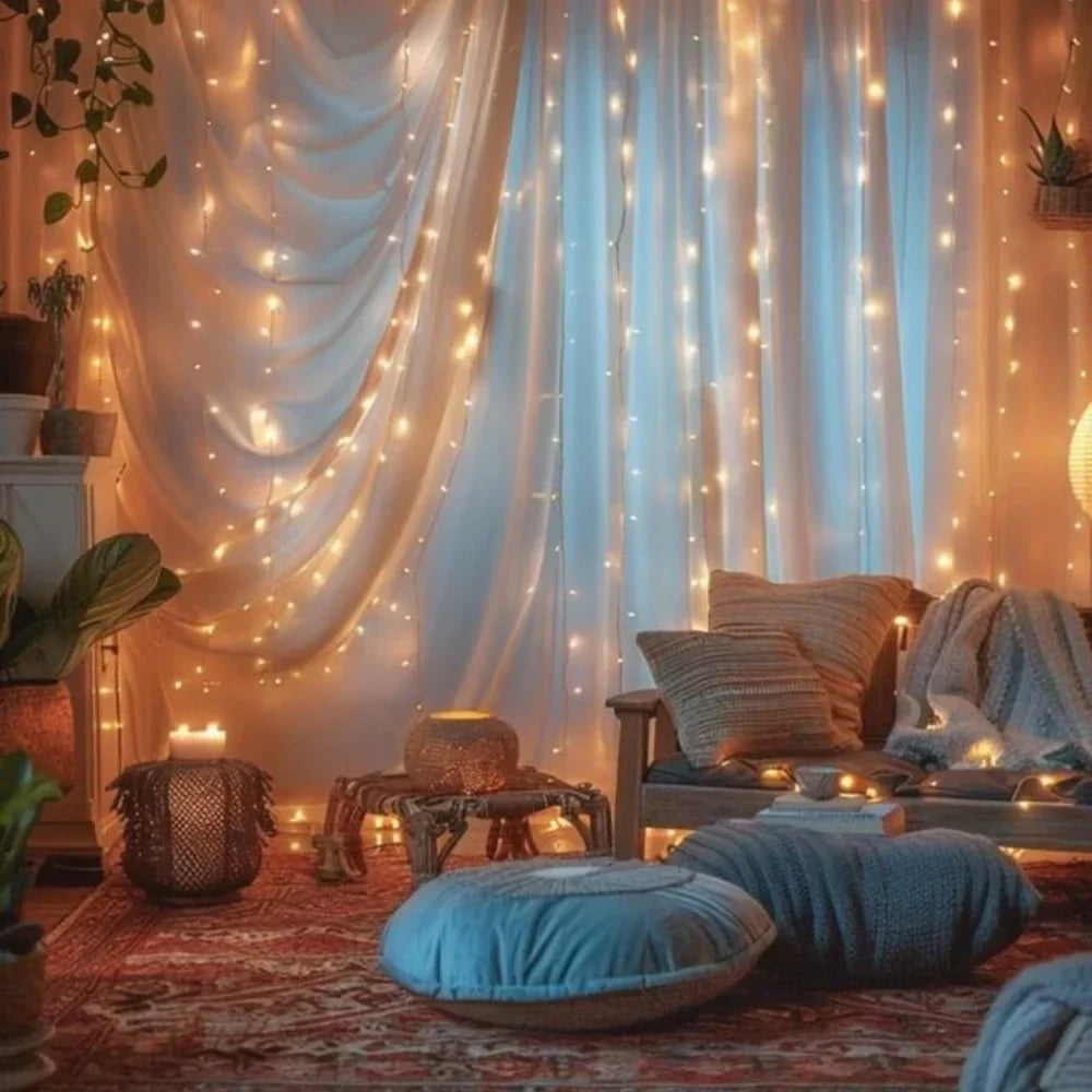 Bright warm LED curtain lights illuminating a room, adding a cozy and inviting glow.