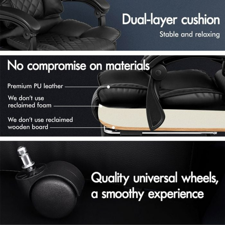 Comfortable ergonomic black leather office chair with plush cushioning, ideal for extended sitting.