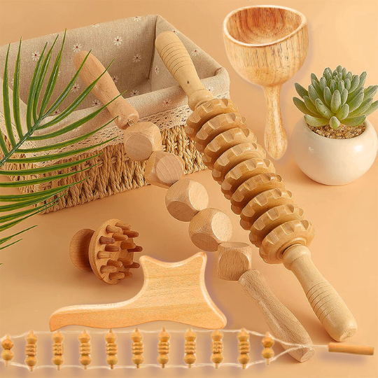 Professional wood therapy massage tool set for body sculpting & lymphatic drainage.
