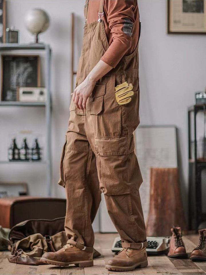 Stylish men's utility overalls, blending casual comfort with practical design.