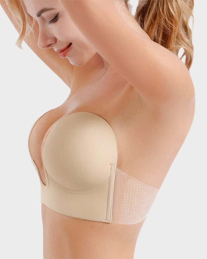Invisible seamless plunge strapless bra for women, ideal for low-cut tops, offering discreet support and natural lift.