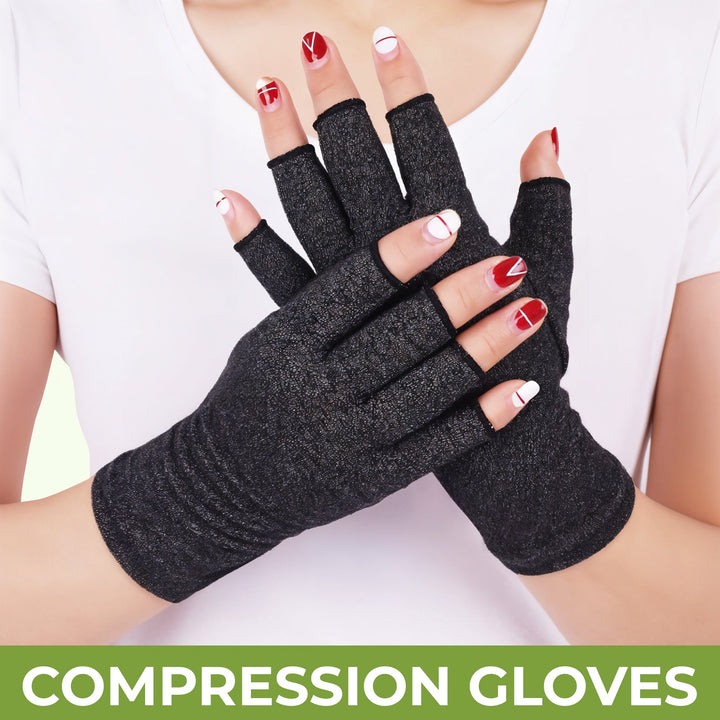 Black fingerless compression gloves offering arthritis and carpal tunnel relief.