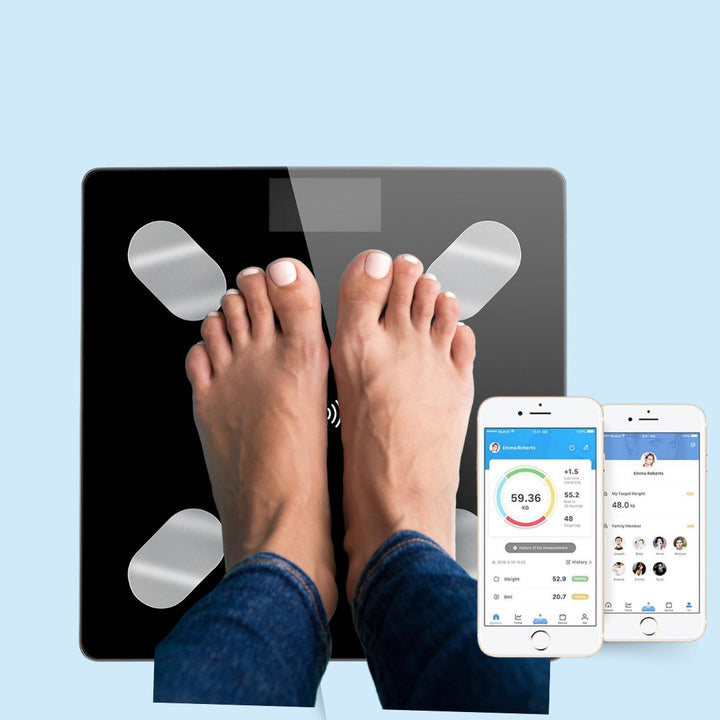 Wireless Bluetooth smart scale, connects to app for detailed body analysis & personalized health insights.