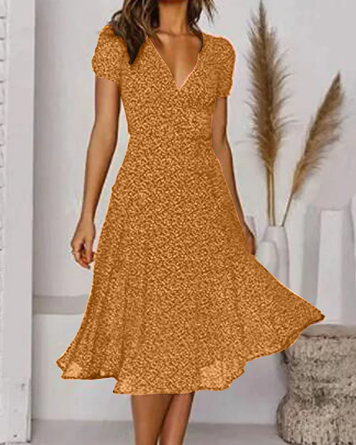 Aurora women's V-neck puff sleeve fit & flare midi dress in green, an elegant and versatile summer party dress.
