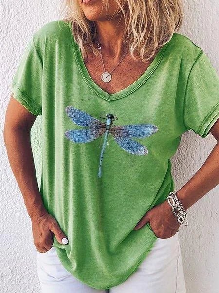 Stylish women's V-neck tee with an intricate dragonfly graphic. Soft, relaxed fit short-sleeve t-shirt for summer.