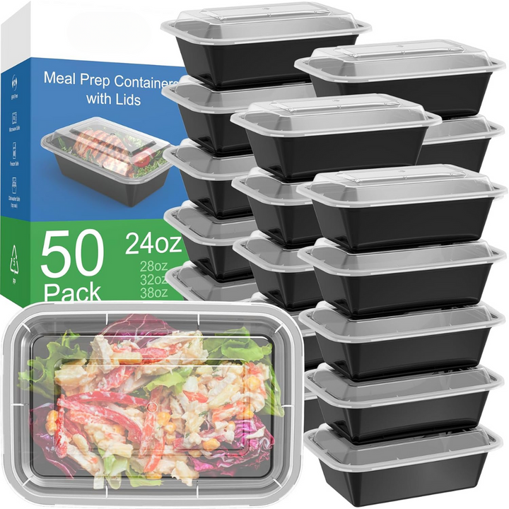Reusable meal prep containers, 50-piece set with lids, microwave & freezer safe for easy food storage.