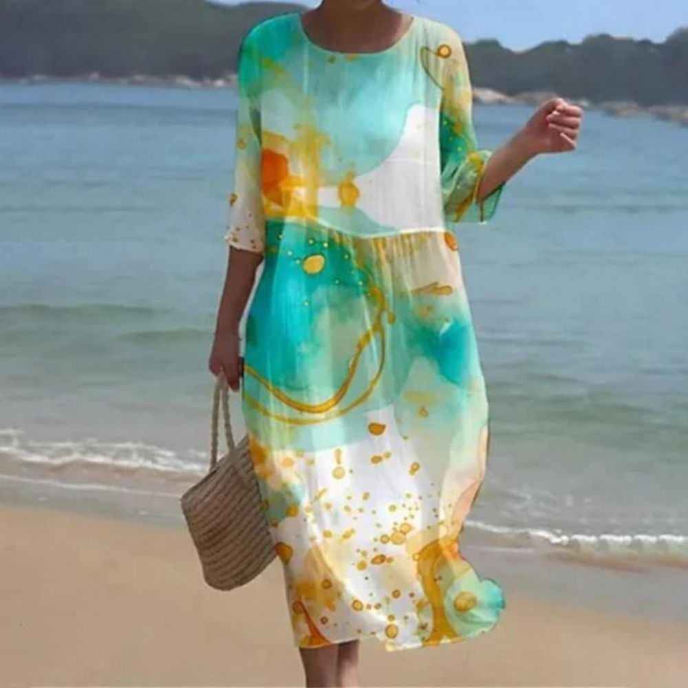 Comfortable & elegant women's A-line midi dress, featuring tummy control for a flattering summer style.