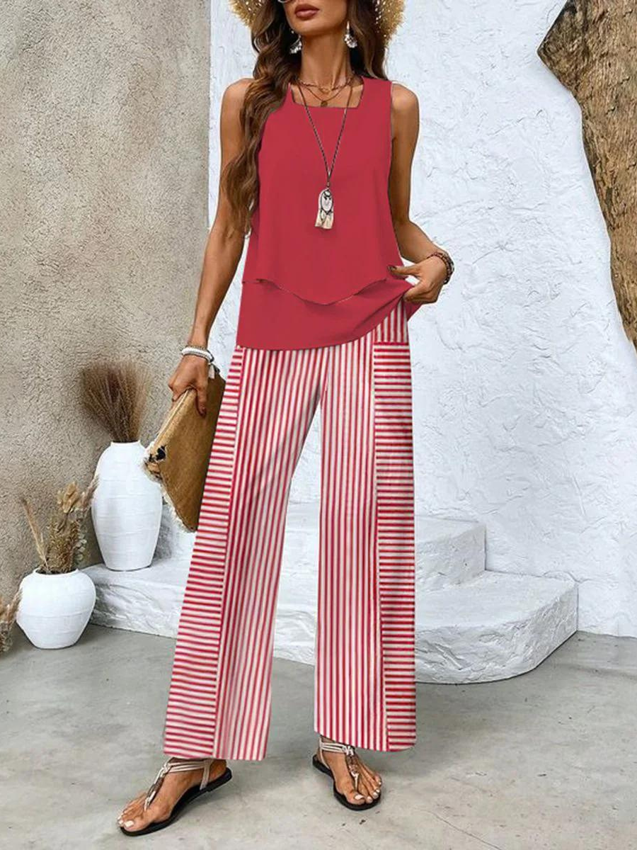 Stylish women's wide leg pant & sleeveless top matching set. Ideal for comfortable, elegant summer fashion.
