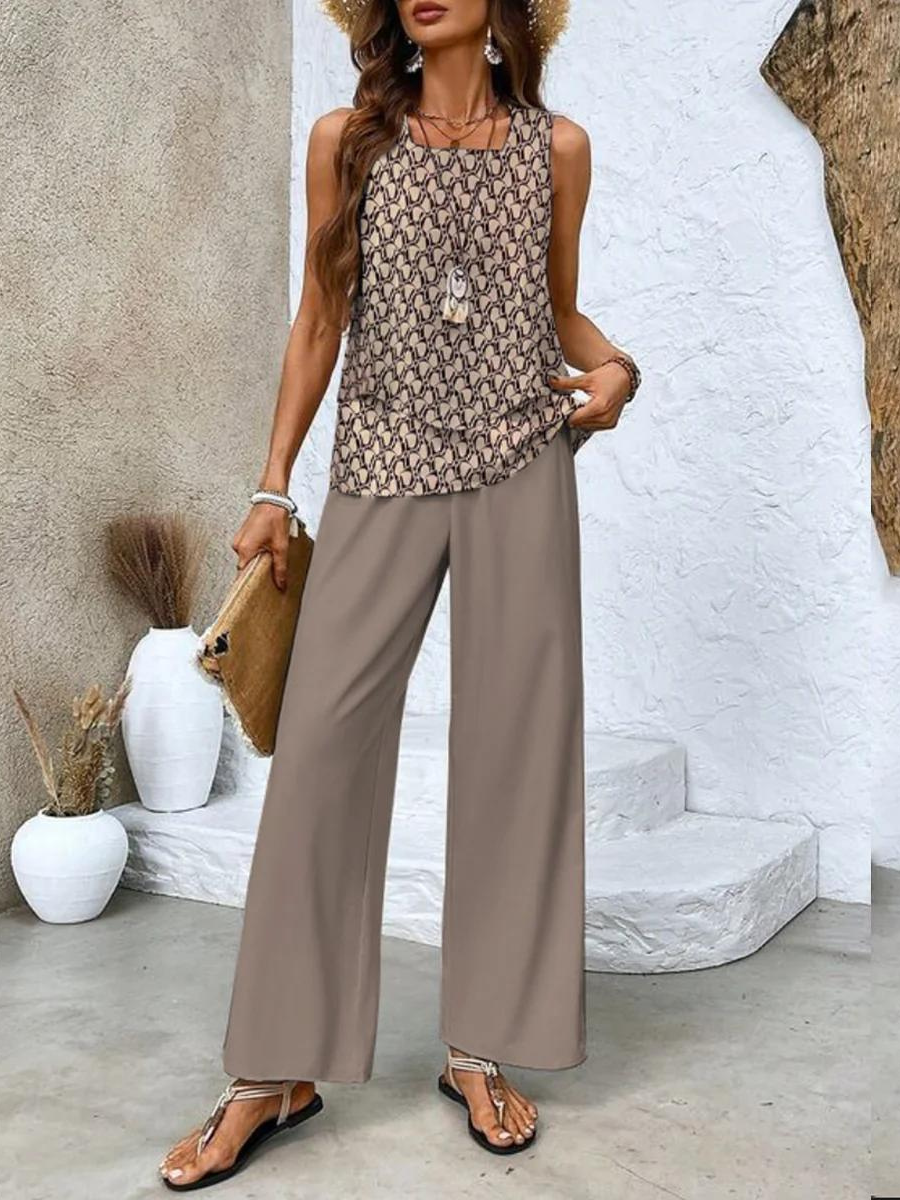 Chic women's summer fashion set, including a breathable sleeveless top and flowing wide-leg pants.