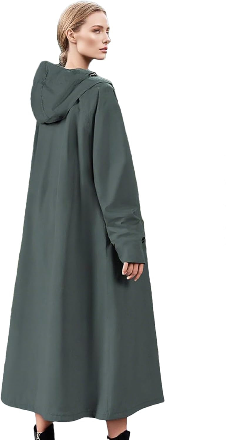 Stylish unisex long rain jacket for weather protection. Lightweight, packable, & windproof.
