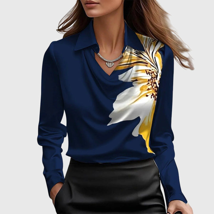 Women's elegant pleated neckline blouse, a versatile top for professional office looks or smart casual outfits.
