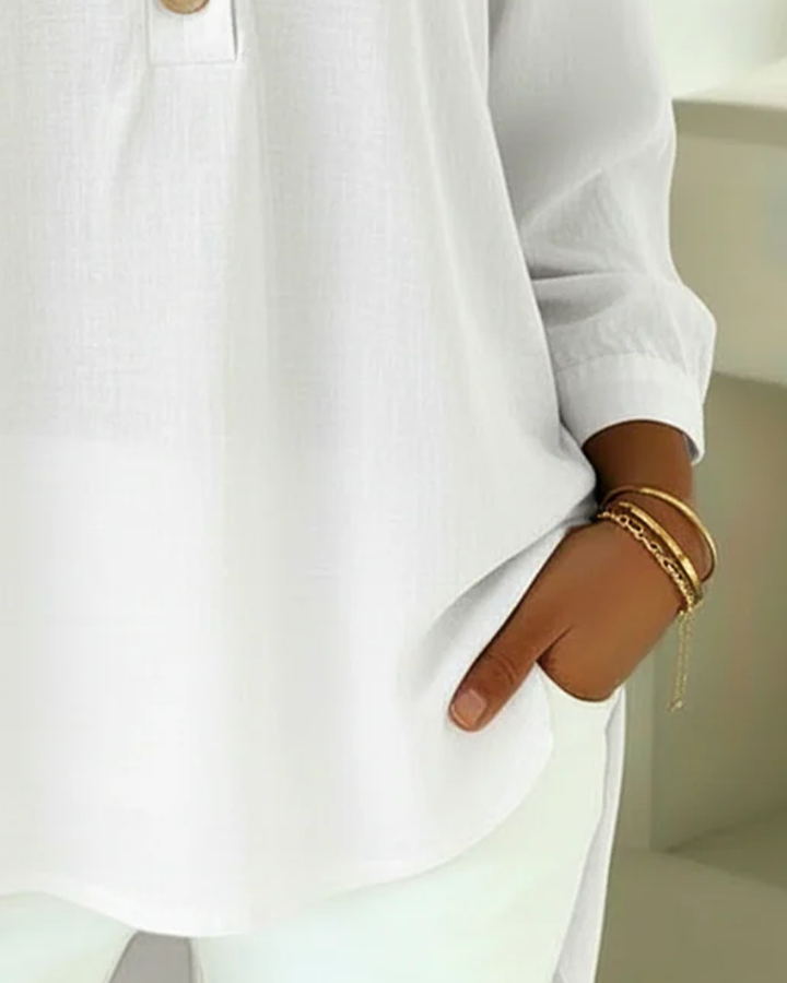 Elegant women's V-neck 3/4-sleeve blouse, ideal for spring and summer office wear or stylish casual outfits.