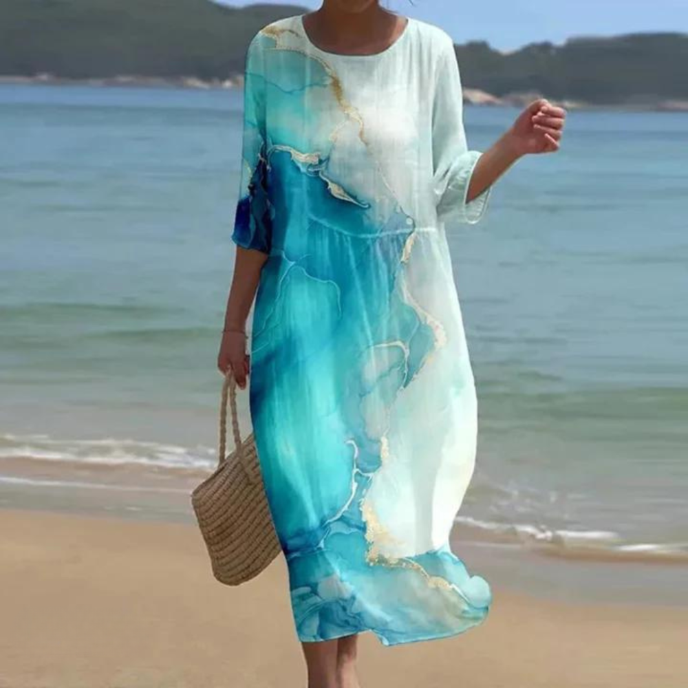 Versatile women's elegant A-line midi dress with tummy control. Chic and comfortable for summer or parties.