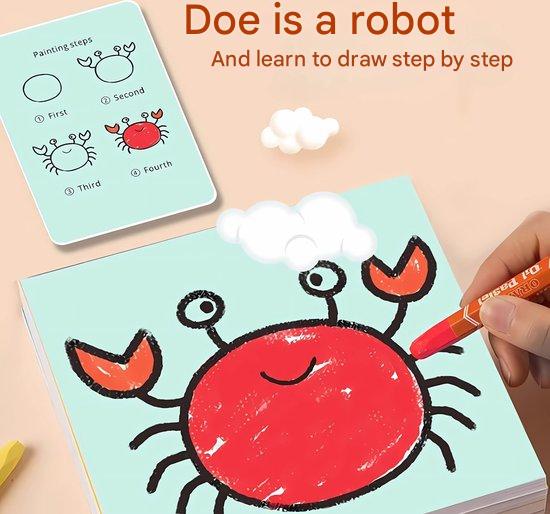 Kids' creative drawing robot with learn-to-draw cards, encouraging children's art & concentration.