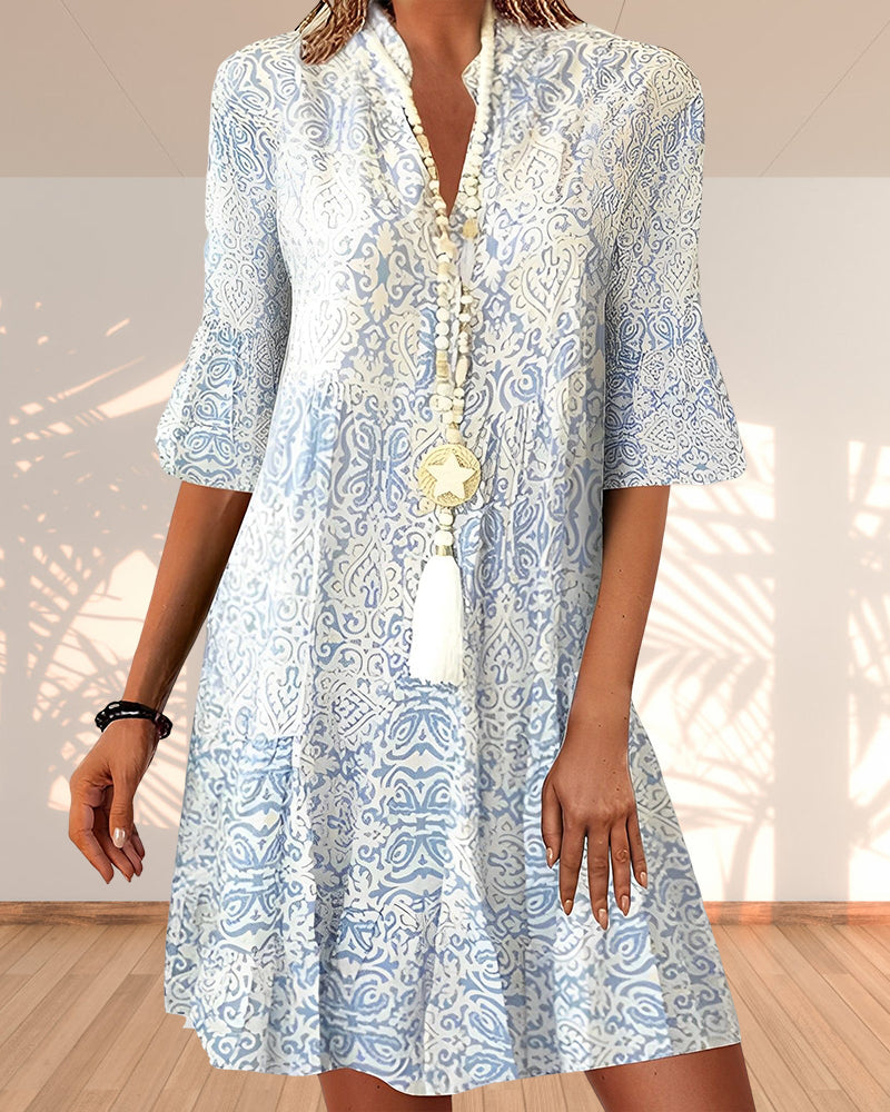 Women's Bohemian Printed V-Neck Midi Tunic Dress, perfect for summer casual & vacation wear, flowing fit, half sleeve.