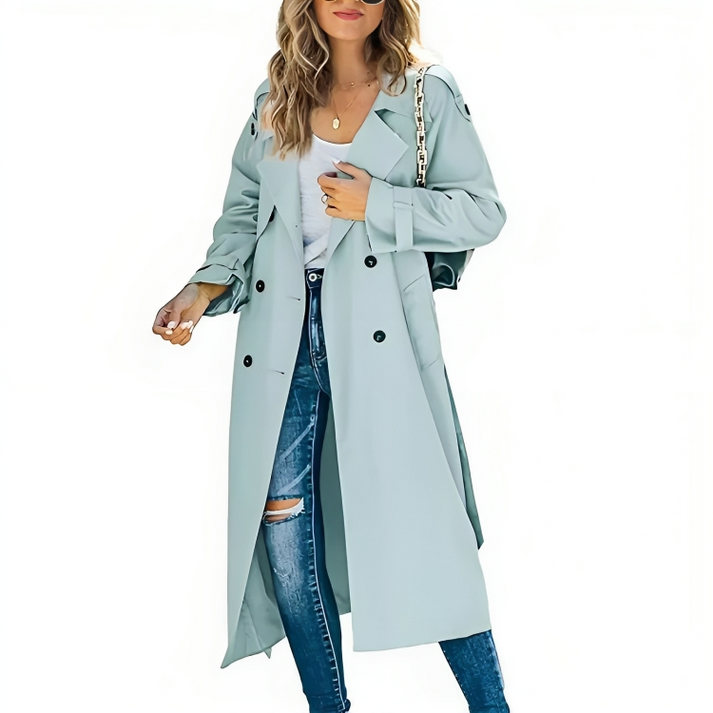 Elegant women's trench coat, double-breasted. Stylish and versatile outerwear for sophisticated workwear or casual.
