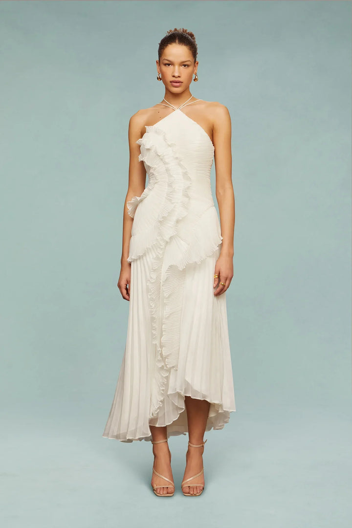 Women's elegant formal maxi dress featuring cascading ruffles, perfect for evening wear and special events.