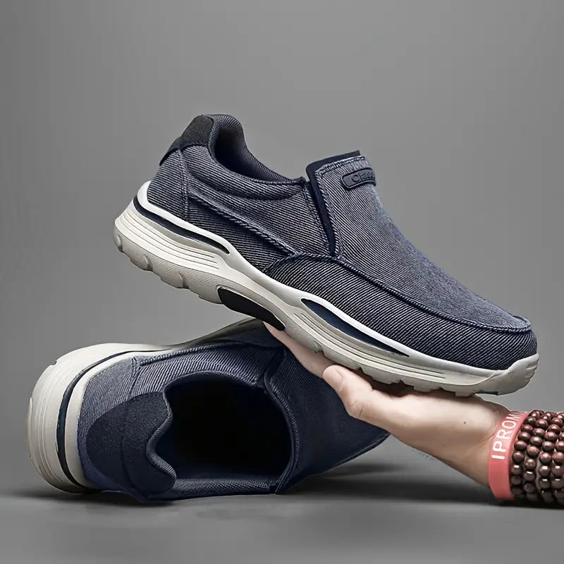 Beige men's ultra-light slip-on shoes. Comfortable, breathable casual loafers for all-day wear.