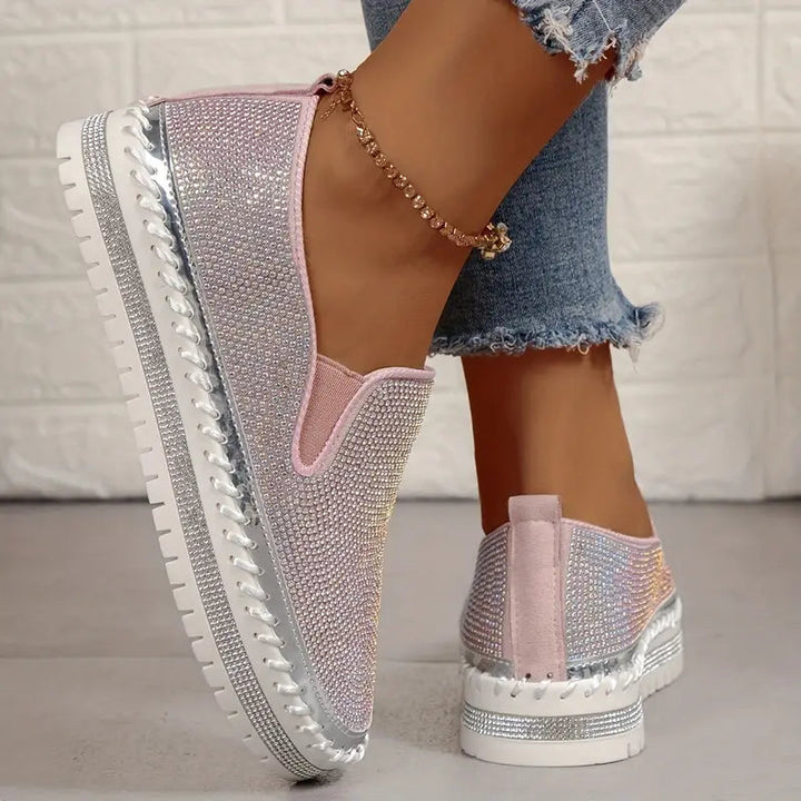 Casual yet elegant women's slip-on shoes with rhinestone and glitter, comfortable footwear.