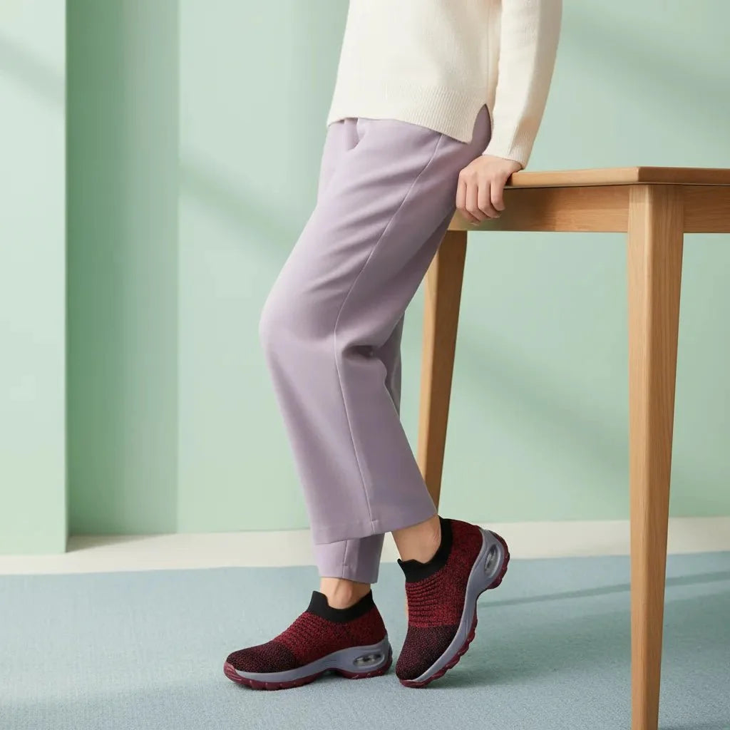 All-day comfort with Red women's slip-on sneakers. Features arch support, perfect for casual walks.
