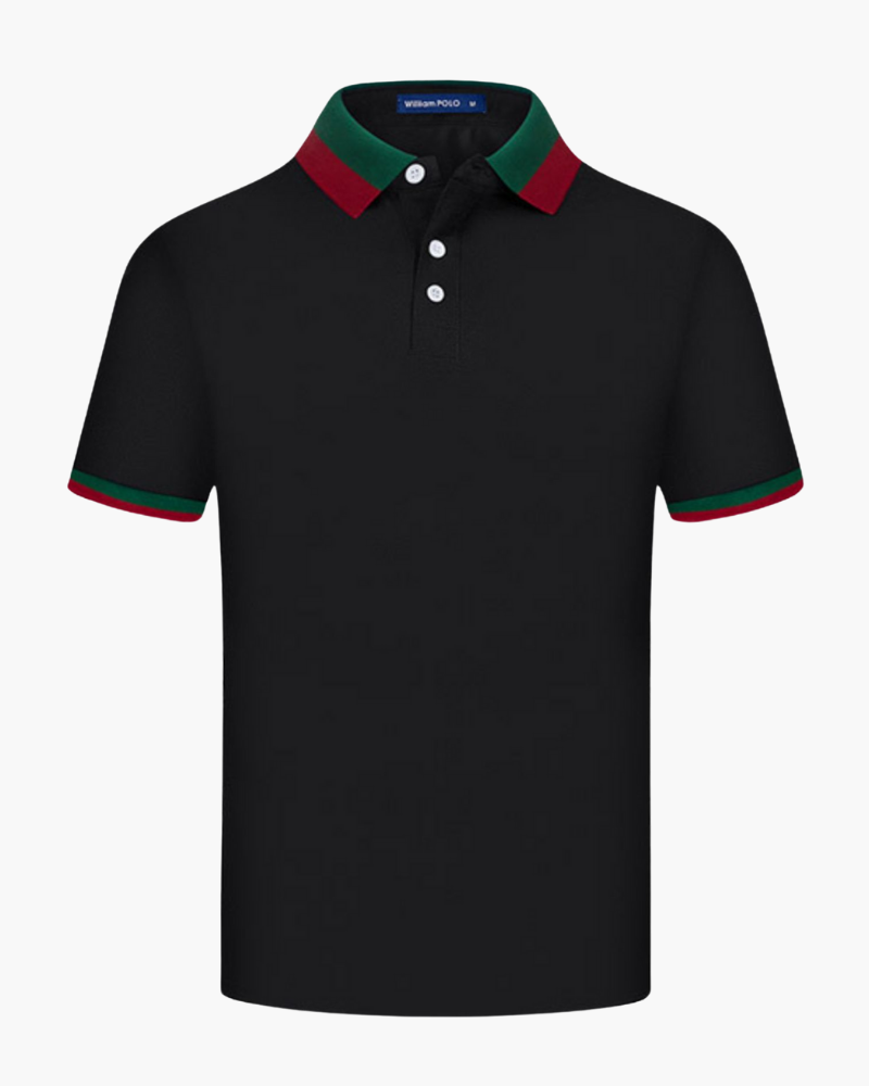 Men's white polo shirt, short sleeve, with a striking black contrast collar. Versatile smart casual everyday style.