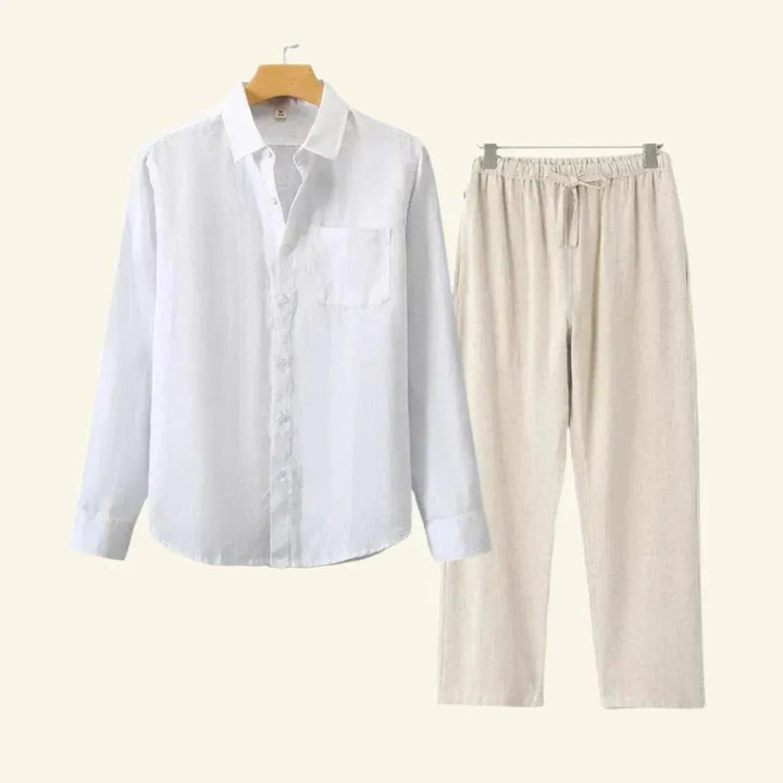 Comfortable men's casual co-ord set featuring a breathable shirt and trousers, ideal for relaxed summer wear.