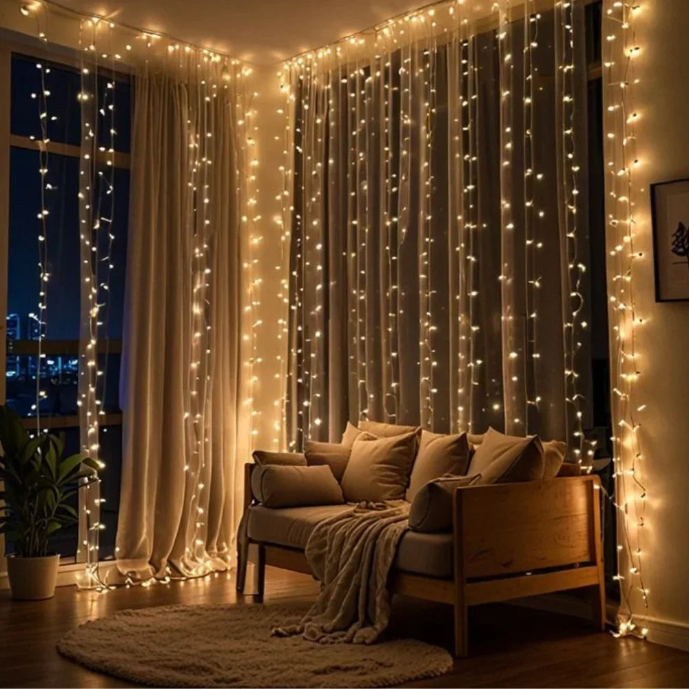 Elegant warm LED curtain string lights, perfect for indoor party decor & outdoor festivities.
