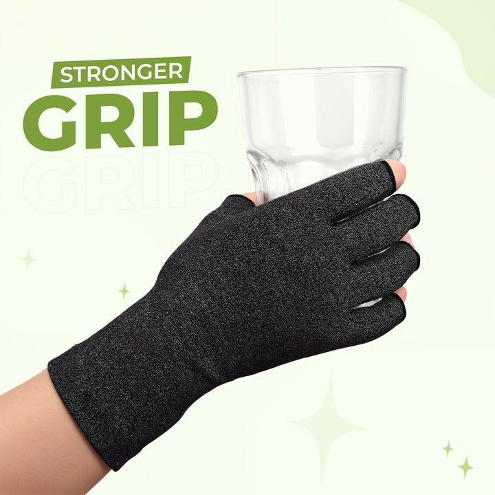 Pink compression gloves, fingerless design for comfort and flexible hand movement.