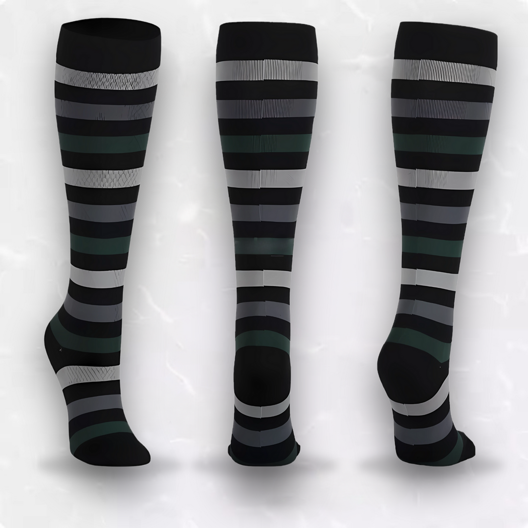 Striped compression socks for nurses, travelers & active adults. Offers leg support & circulation aid.