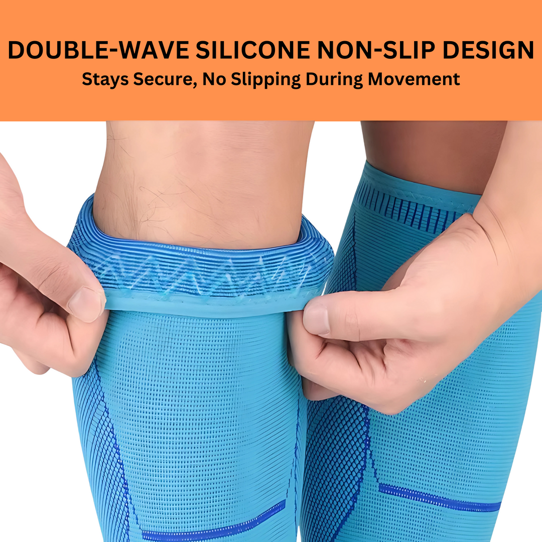 Unisex calf compression sleeves for post-workout recovery, reducing muscle fatigue & soreness.