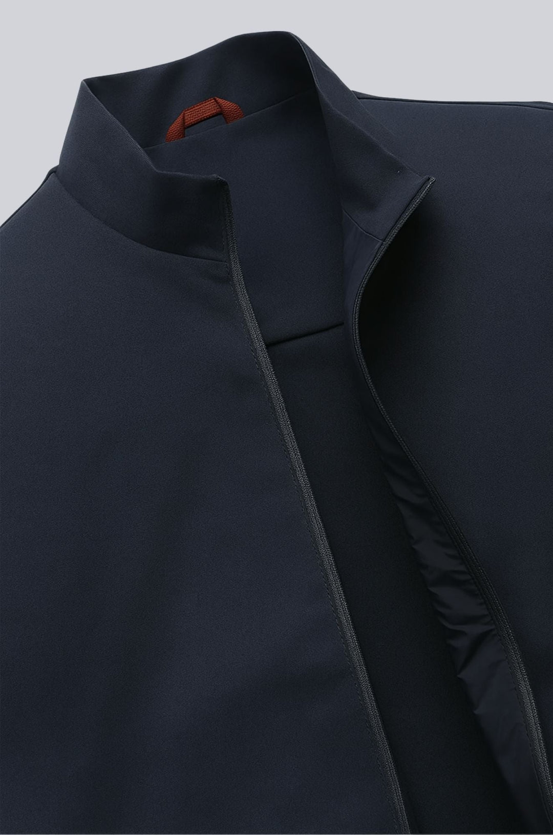 Trendy men's navy blue stand collar vest. A must-have casual sleeveless jacket for modern everyday wear.