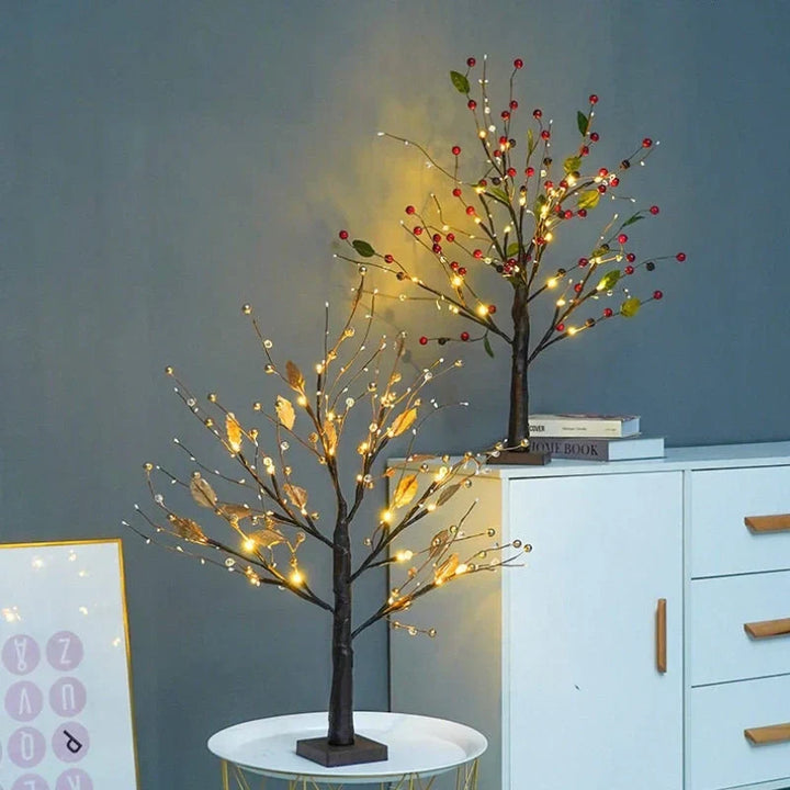 Battery operated LED Bonsai Tree Lamp, offering warm white ambient lighting with bendable, customizable branches.