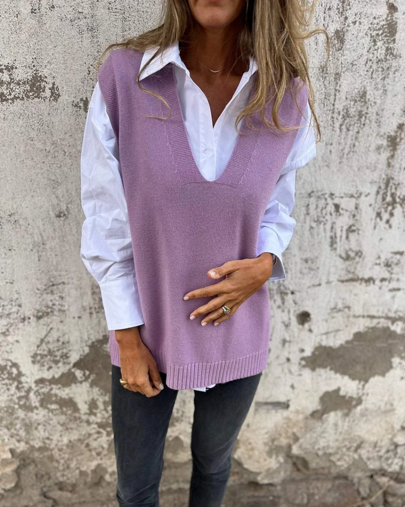 Women's soft knit elegant vest, a versatile sleeveless top, perfect for fall layering & business casual outfits.