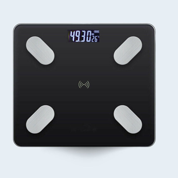 Smart body scale, ideal for home gym, tracks weight, BMI, body fat via Bluetooth for fitness goals.