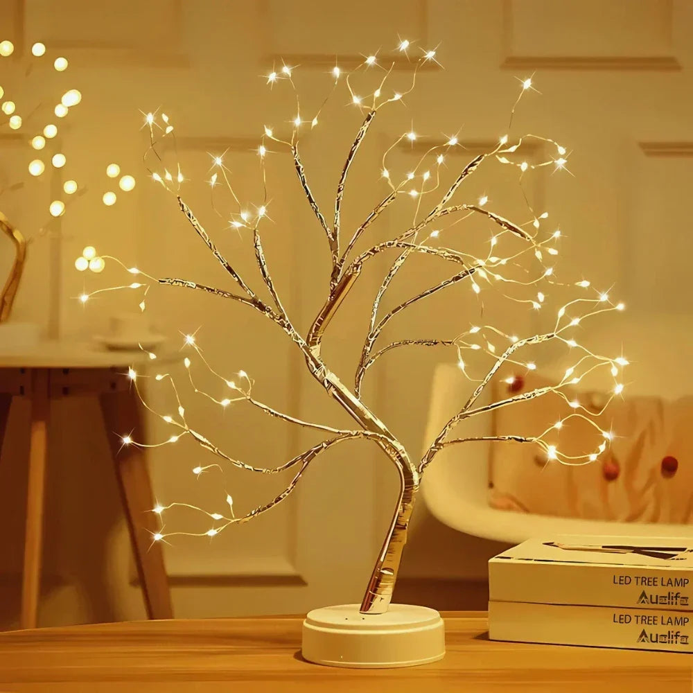 Modern LED Bonsai Tree Lamp with glowing warm white fairy lights, perfect for enchanting home decor.