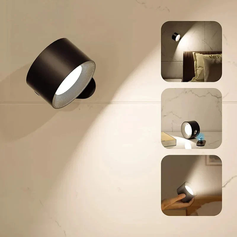 Modern minimalist LED wall lamp, rechargeable & 360° rotatable, enhances home aesthetics.