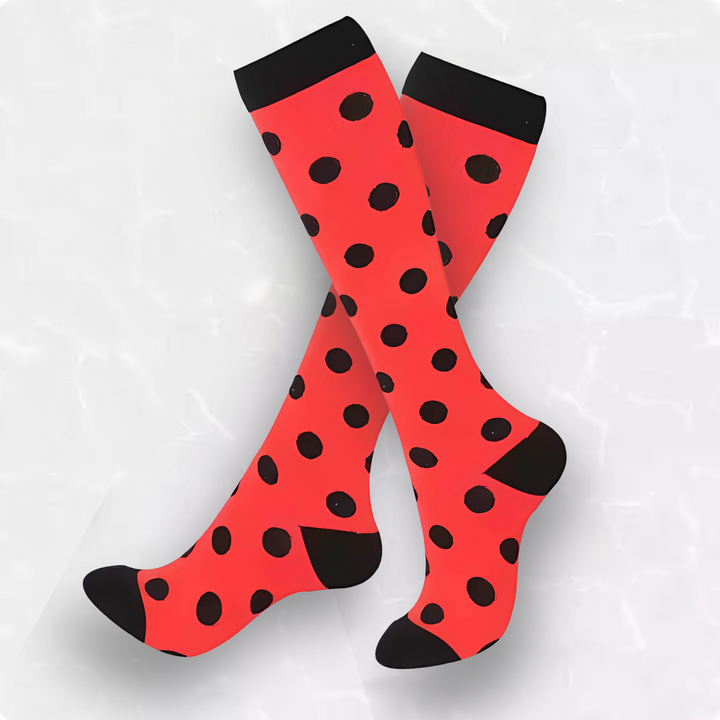 Stylish spotted compression socks, patterned for travel leg support, comfort & healthy circulation.