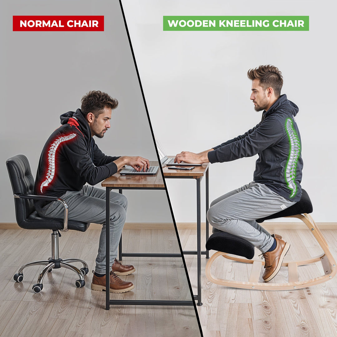Modern wooden kneeling chair with comfortable cushions for active sitting & pain relief in home office.