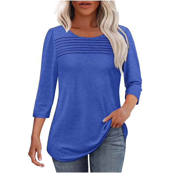 Essential women's 3/4 sleeve top, featuring stylish pleats and a flattering scoop neckline.