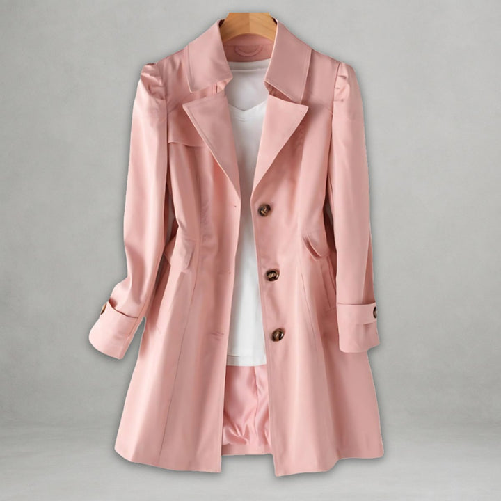 Sophisticated women's single-breasted trench coat. Elegant long outerwear, perfect for transitional weather and style.