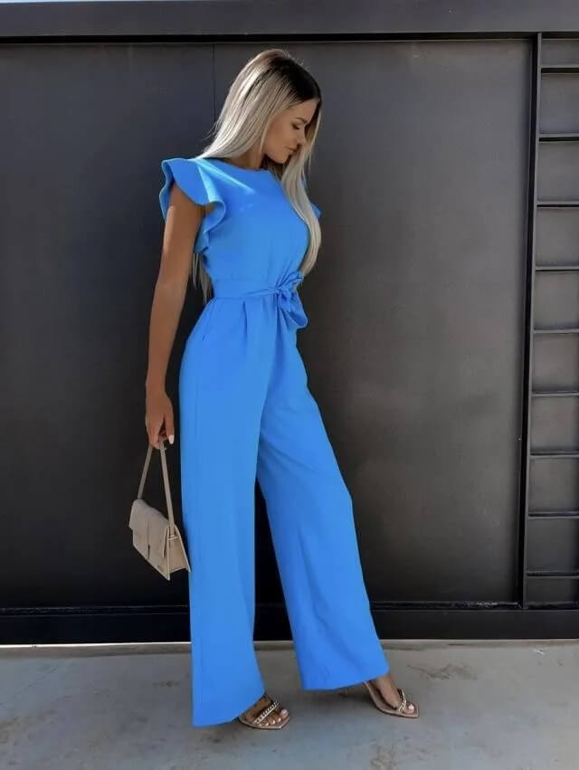 Light & airy women's summer jumpsuit, wide leg design, ruffle sleeves, and a stylish belted waist. Versatile.