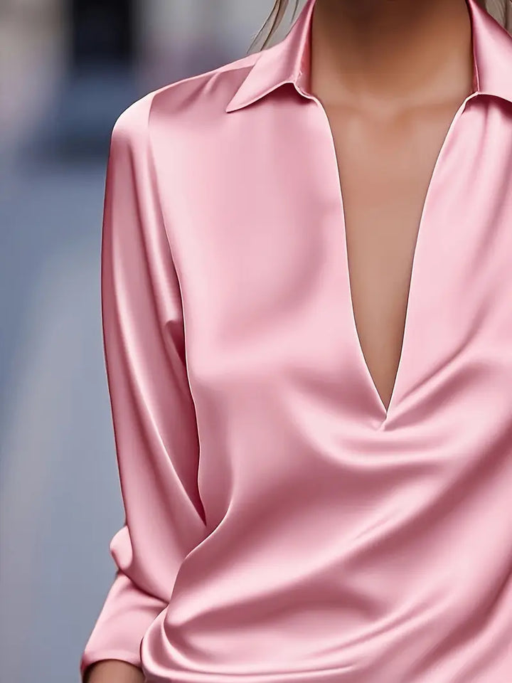 Elegant women's V-neck blouse, long sleeve top for office, casual chic, and versatility.