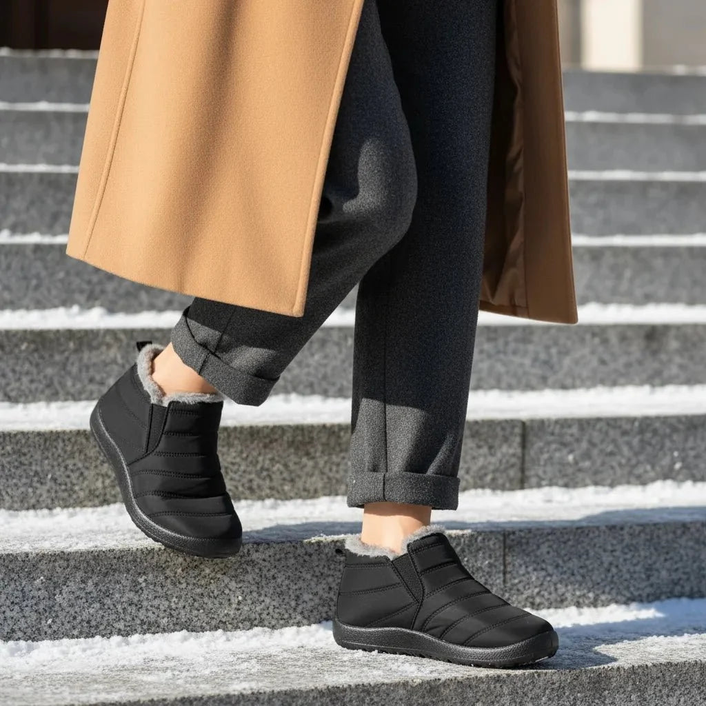 Black women's waterproof snow boots with warm lining and anti-slip sole for winter.