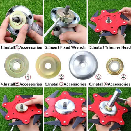 Heavy-duty 6-blade steel grass cutter head, perfect for landscaping & tough yard care. Easy universal fit.