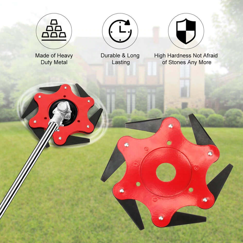 Close-up of universal 6-blade steel trimmer head, showcasing robust blades for superior weed control.