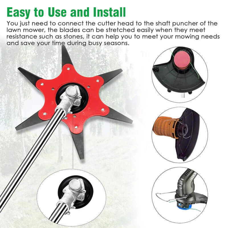 Universal fit, heavy-duty 6-blade steel trimmer head for all your outdoor grass and weed trimming needs.