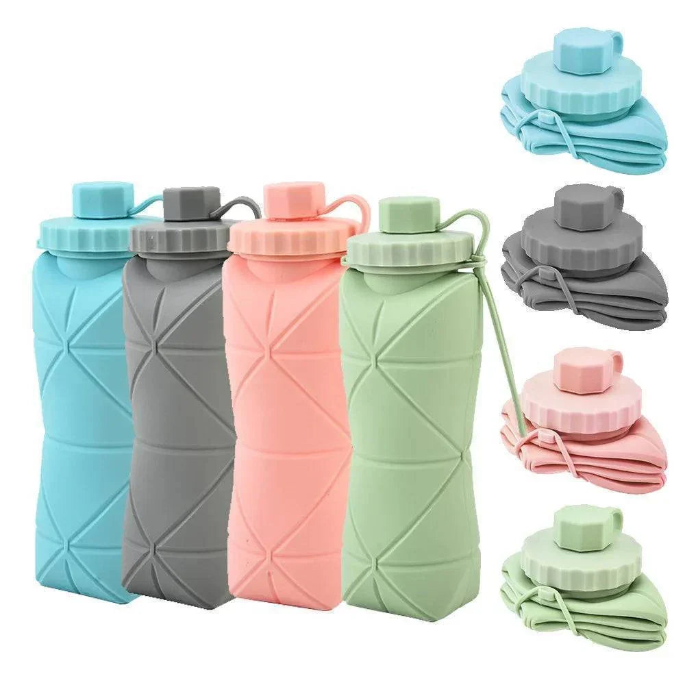 Unisex 20 fl oz collapsible silicone bottle for travel. Sustainable, compact, and reusable for any activity.